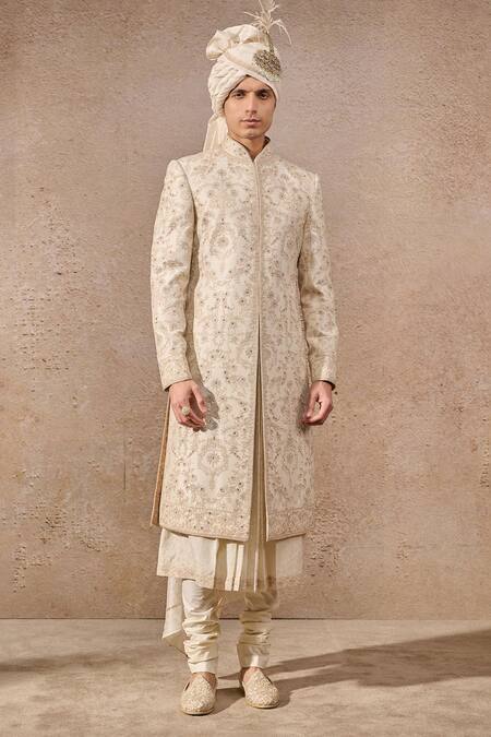 Shop_Tarun Tahiliani_Ivory Poplin, Silk, Jacquard Crystals, Zari, Persian Motif Hand Sherwani Set _Online_at_Aza_Fashions
