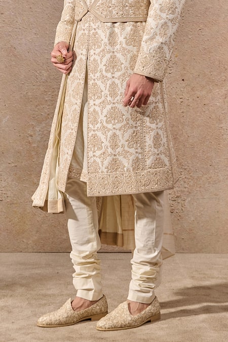 Tarun Tahiliani_Ivory Silk, Jacquard, Poplin, Lycra Pearls, Persian Motif Hand Sherwani Set _Online_at_Aza_Fashions
