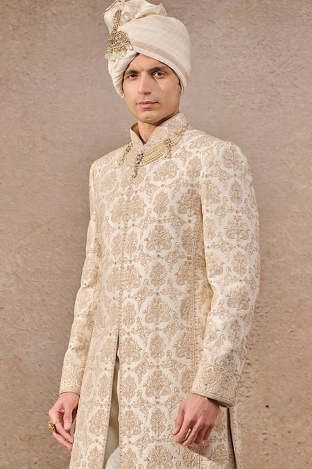 Buy_Tarun Tahiliani_Ivory Silk, Jacquard, Poplin, Lycra Pearls, Persian Motif Hand Sherwani Set _Online_at_Aza_Fashions