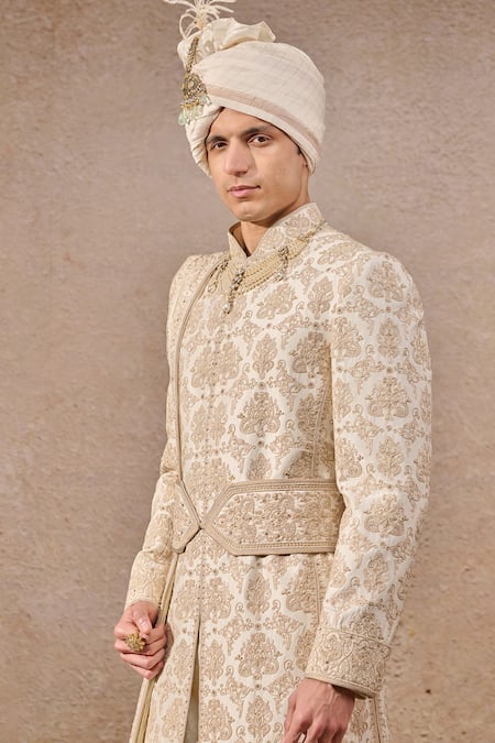 Shop_Tarun Tahiliani_Ivory Silk, Jacquard, Poplin, Lycra Pearls, Persian Motif Hand Sherwani Set _Online_at_Aza_Fashions