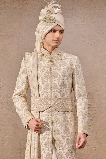 Tarun Tahiliani_Ivory Silk, Jacquard, Poplin, Lycra Pearls, Persian Motif Hand Sherwani Set _at_Aza_Fashions