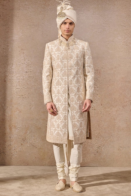 Buy_Tarun Tahiliani_Ivory Silk, Jacquard, Poplin, Lycra Pearls, Persian Motif Hand Sherwani Set 