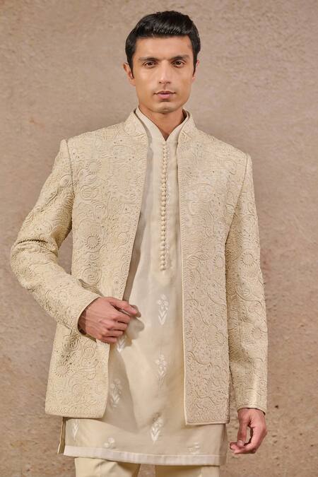Buy Tarun Tahiliani Ivory Georgette, Cotton, Suede Pearls, Embroidery Floral And Paisley Bandhgala Set Online at Aza Fashions Buy_Tarun Tahiliani_Ivory Georgette, Cotton, Suede Pearls, Embroidery Floral And Paisley Bandhgala Set _Online_at_Aza_Fashions