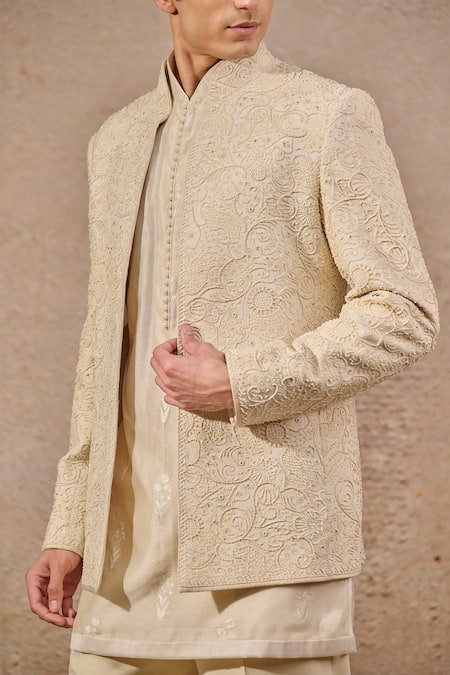 Shop Tarun Tahiliani Ivory Georgette, Cotton, Suede Pearls, Embroidery Floral And Paisley Bandhgala Set Online at Aza Fashions Shop_Tarun Tahiliani_Ivory Georgette, Cotton, Suede Pearls, Embroidery Floral And Paisley Bandhgala Set _Online_at_Aza_Fashions