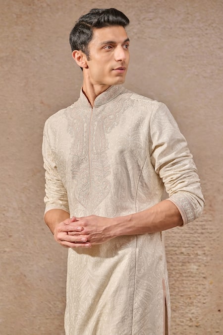 Tarun Tahiliani_Ivory Poplin, Lycra Embroidery, Diamonds Abstract Floral Kurta Set _Online_at_Aza_Fashions
