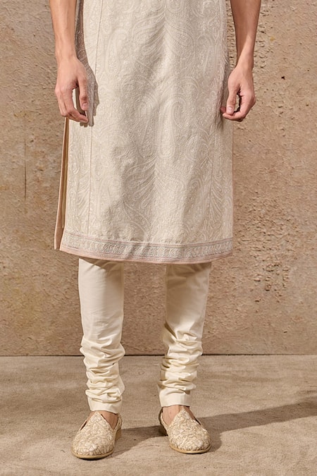 Buy_Tarun Tahiliani_Ivory Poplin, Lycra Embroidery, Diamonds Abstract Floral Kurta Set _Online_at_Aza_Fashions