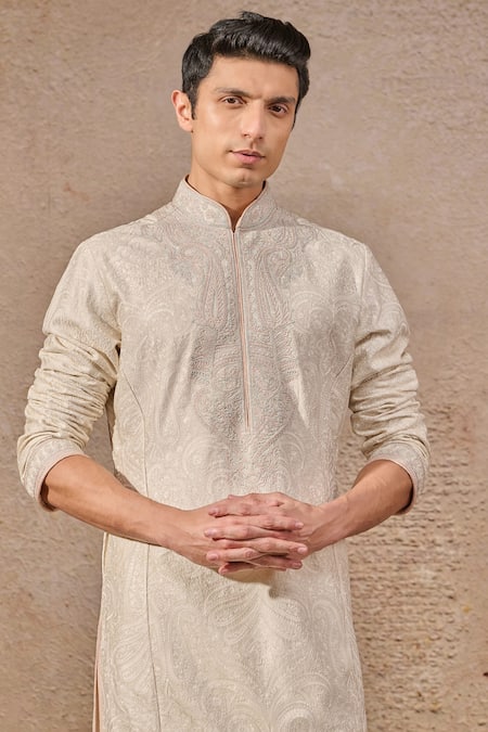 Shop_Tarun Tahiliani_Ivory Poplin, Lycra Embroidery, Diamonds Abstract Floral Kurta Set _Online_at_Aza_Fashions