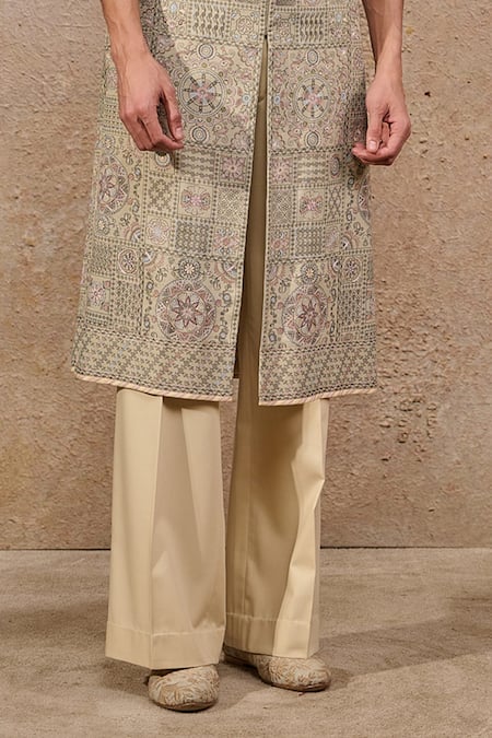Tarun Tahiliani_Green Mohair, Silk, Suede Embroidery Floral Geometric Printed Kurta Set _Online_at_Aza_Fashions