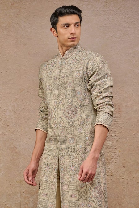 Buy_Tarun Tahiliani_Green Mohair, Silk, Suede Embroidery Floral Geometric Printed Kurta Set _Online_at_Aza_Fashions