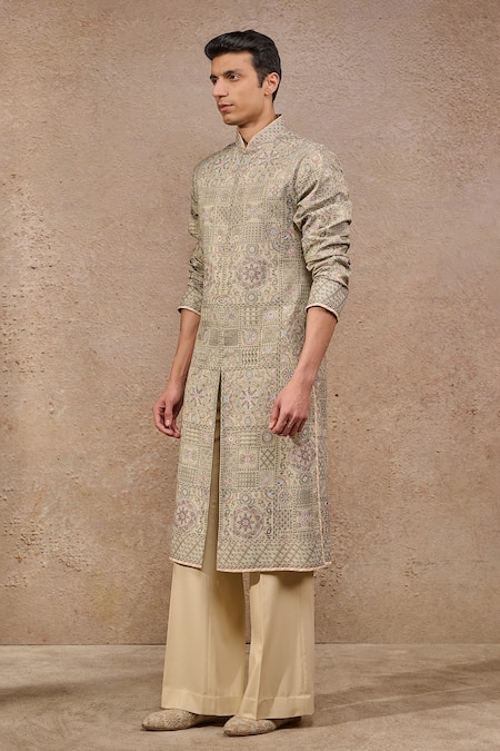 Shop_Tarun Tahiliani_Green Mohair, Silk, Suede Embroidery Floral Geometric Printed Kurta Set _Online_at_Aza_Fashions