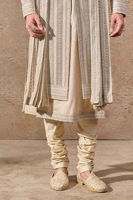 Tarun Tahiliani_Cream Poplin, Jacquard, Lycra Pearls, Geometric Dori Embroidered Sherwani Set _Online_at_Aza_Fashions