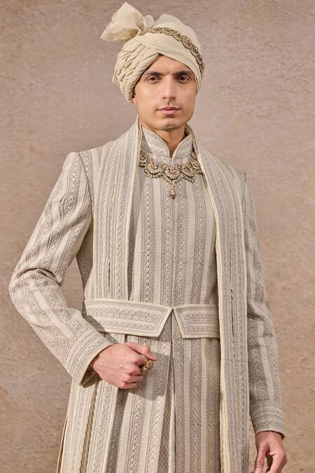 Buy_Tarun Tahiliani_Cream Poplin, Jacquard, Lycra Pearls, Geometric Dori Embroidered Sherwani Set _Online_at_Aza_Fashions