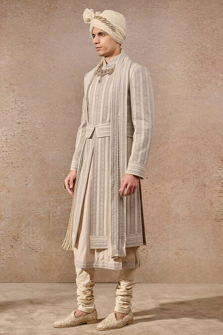 Shop_Tarun Tahiliani_Cream Poplin, Jacquard, Lycra Pearls, Geometric Dori Embroidered Sherwani Set _Online_at_Aza_Fashions