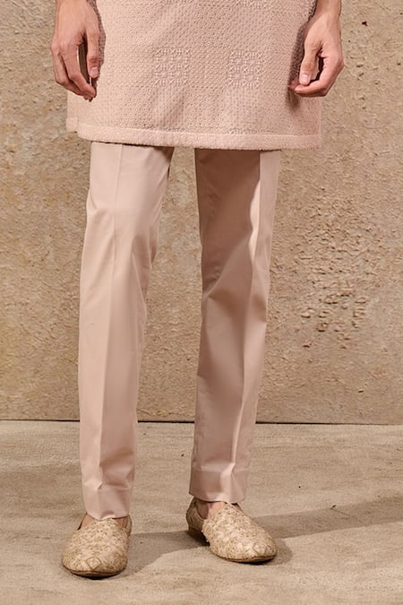 Tarun Tahiliani_Pink Tissue, Jacquard, Cotton Pearls, Chevron Embroidered Bundi Kurta Set _Online_at_Aza_Fashions