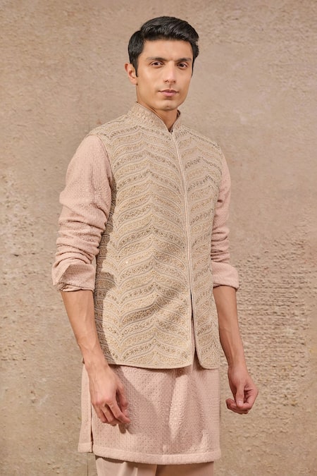 Buy_Tarun Tahiliani_Pink Tissue, Jacquard, Cotton Pearls, Chevron Embroidered Bundi Kurta Set _Online_at_Aza_Fashions