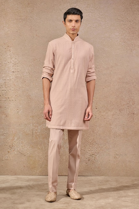 Shop_Tarun Tahiliani_Pink Tissue, Jacquard, Cotton Pearls, Chevron Embroidered Bundi Kurta Set _Online_at_Aza_Fashions