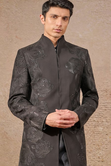 Tarun Tahiliani_Black Georgette, Cotton, Lycra Sequins, Embroidery Floral Sherwani Set _Online_at_Aza_Fashions