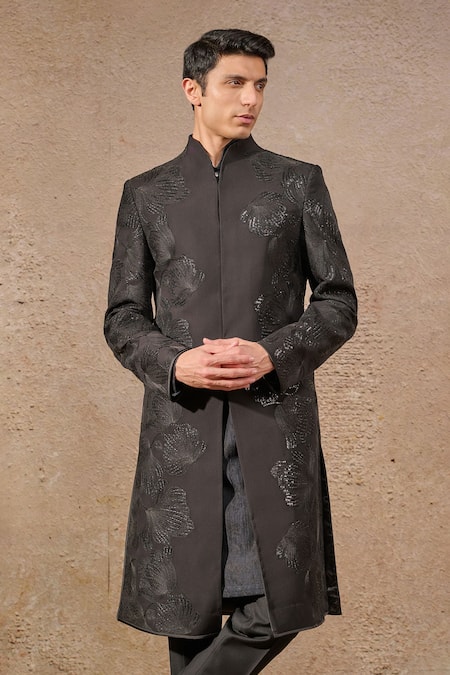Tarun Tahiliani Floral Embroidered Black Sherwani Set 