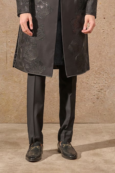 Buy_Tarun Tahiliani_Black Georgette, Cotton, Lycra Sequins, Embroidery Floral Sherwani Set _Online_at_Aza_Fashions