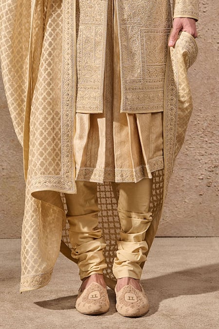 Tarun Tahiliani_Gold Silk, Jacquard Zari, Pearls, Diamonds, Geometric Hand Sherwani Set _Online_at_Aza_Fashions