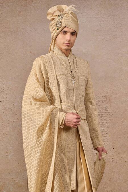 Buy_Tarun Tahiliani_Gold Silk, Jacquard Zari, Pearls, Diamonds, Geometric Hand Sherwani Set _Online_at_Aza_Fashions