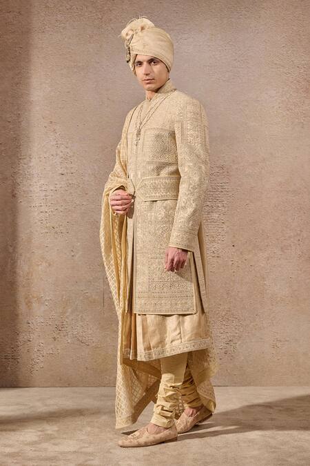 Shop_Tarun Tahiliani_Gold Silk, Jacquard Zari, Pearls, Diamonds, Geometric Hand Sherwani Set _Online_at_Aza_Fashions