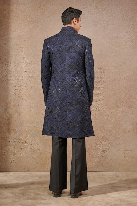 Tarun Tahiliani Navy Blue Resham & Sequin Sherwani Set 