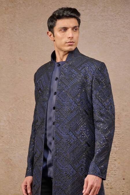 Tarun Tahiliani_Blue Georgette, Cotton, Suede Sequins, Embroidery Navy Resham And Sherwani Set _Online_at_Aza_Fashions