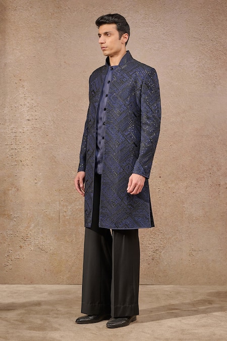 Buy_Tarun Tahiliani_Blue Georgette, Cotton, Suede Sequins, Embroidery Navy Resham And Sherwani Set _Online_at_Aza_Fashions