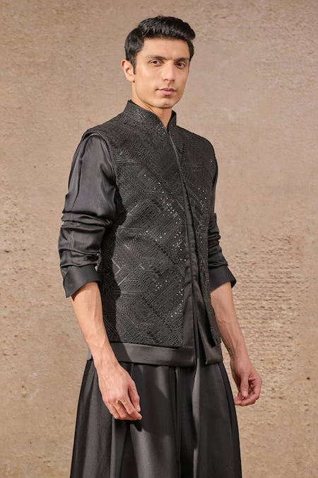 Tarun Tahiliani_Black Georgette, Suede Embroidery, Sequins Resham And Waistcoat Set _Online_at_Aza_Fashions