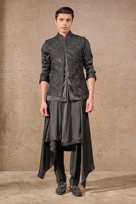 Buy_Tarun Tahiliani_Black Georgette, Suede Embroidery, Sequins Resham And Waistcoat Set _Online_at_Aza_Fashions