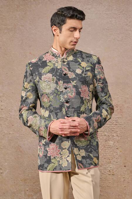Tarun Tahiliani_Multi Color Jacquard, Cotton, Suede Embroidery Floral Motif Bandhgala Set _Online_at_Aza_Fashions
