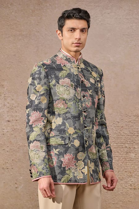 Buy_Tarun Tahiliani_Multi Color Jacquard, Cotton, Suede Embroidery Floral Motif Bandhgala Set _Online_at_Aza_Fashions