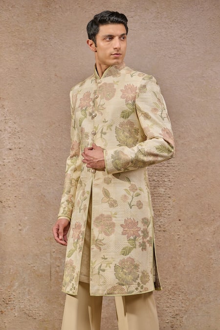 Tarun Tahiliani_Beige Jacquard, Cotton, Suede Embroidery Floral Motif Designer Sherwani Set _Online_at_Aza_Fashions