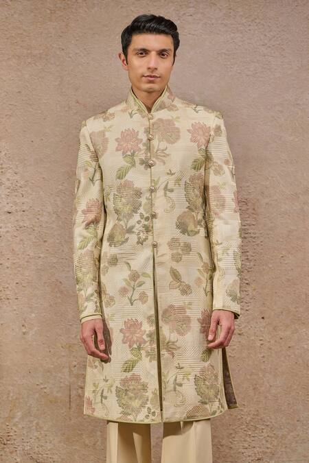 Buy_Tarun Tahiliani_Beige Jacquard, Cotton, Suede Embroidery Floral Motif Designer Sherwani Set _Online_at_Aza_Fashions