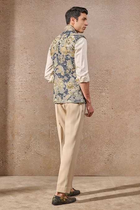 Shop_Tarun Tahiliani_Blue Jacquard Embroidery Floral Motif Textured Waistcoat _at_Aza_Fashions