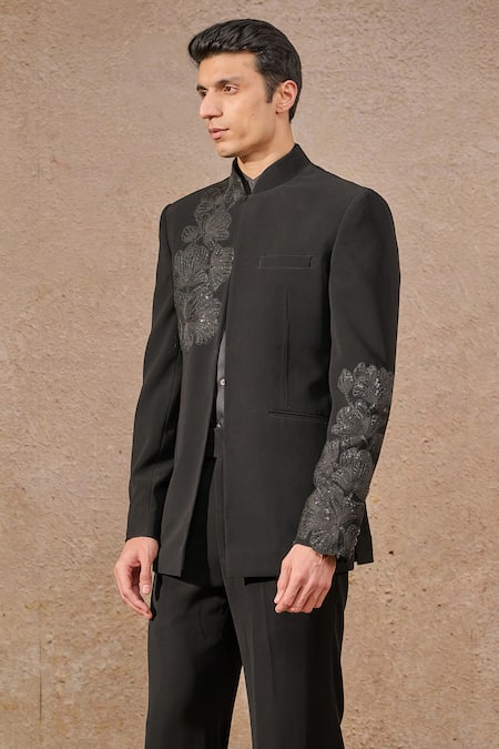 Tarun Tahiliani_Black Crepe, Cotton Sequins, Embroidery Bloom Patchwork Bandhgala Set _Online_at_Aza_Fashions