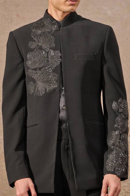 Buy_Tarun Tahiliani_Black Crepe, Cotton Sequins, Embroidery Bloom Patchwork Bandhgala Set _Online_at_Aza_Fashions