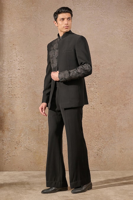 Shop_Tarun Tahiliani_Black Crepe, Cotton Sequins, Embroidery Bloom Patchwork Bandhgala Set _Online_at_Aza_Fashions