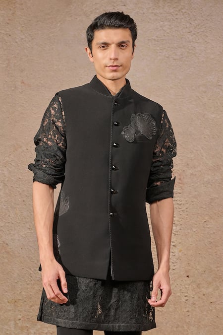Tarun Tahiliani_Black Net, Crepe, Polyester Sequins, Bloom Patchwork Waistcoat Kurta Set _Online_at_Aza_Fashions