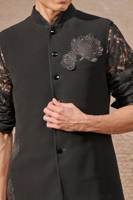Buy_Tarun Tahiliani_Black Net, Crepe, Polyester Sequins, Bloom Patchwork Waistcoat Kurta Set _Online_at_Aza_Fashions