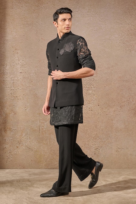 Shop_Tarun Tahiliani_Black Net, Crepe, Polyester Sequins, Bloom Patchwork Waistcoat Kurta Set _Online_at_Aza_Fashions