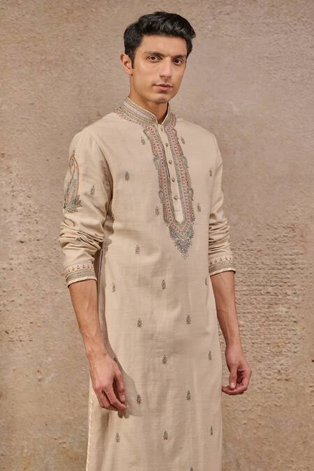 Buy_Tarun Tahiliani_Ivory Poplin, Jacquard, Lycra Embroidery Buta Motif Kurta Set _Online_at_Aza_Fashions