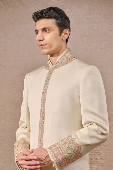 Tarun Tahiliani_Ivory Kota Doria, Jacquard, Linen Embroidery Blossom Thread Sherwani Set _Online_at_Aza_Fashions
