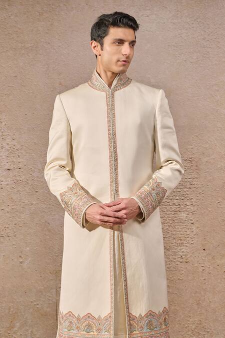 Buy_Tarun Tahiliani_Ivory Kota Doria, Jacquard, Linen Embroidery Blossom Thread Sherwani Set _Online_at_Aza_Fashions