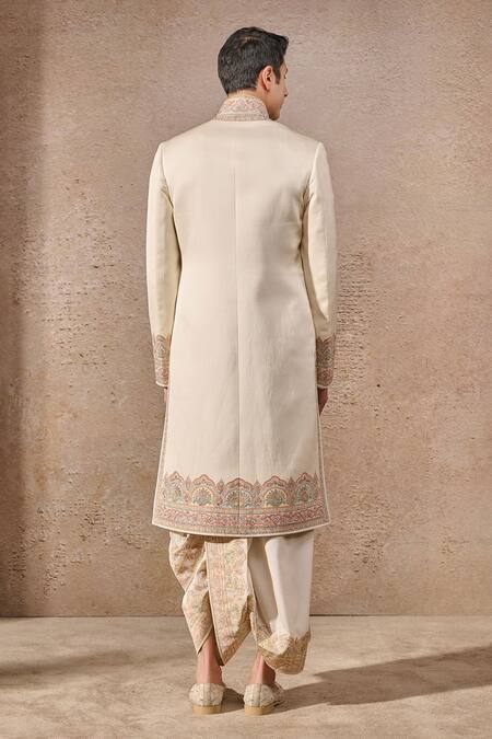 Shop_Tarun Tahiliani_Ivory Kota Doria, Jacquard, Linen Embroidery Blossom Thread Sherwani Set _Online_at_Aza_Fashions