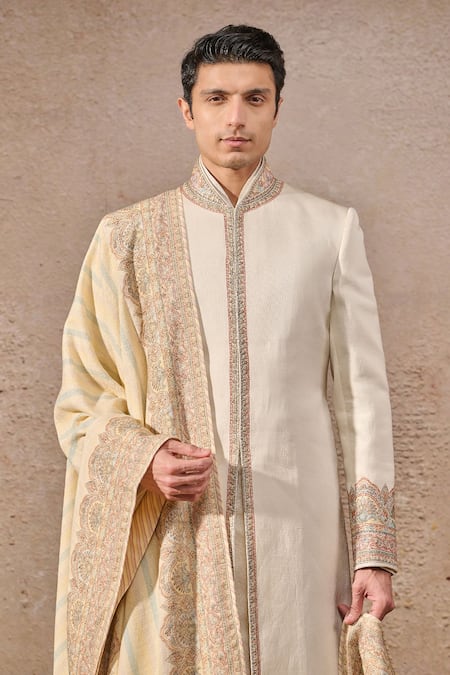 Tarun Tahiliani_Ivory Kota Doria, Jacquard, Linen Embroidery Blossom Thread Sherwani Set _at_Aza_Fashions