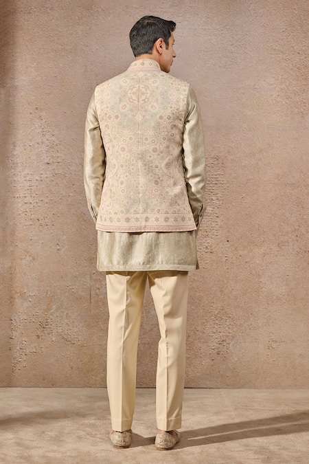 Tarun Tahiliani Floral Print & Resham Embroidered Waistcoat Set 