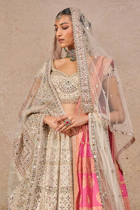 Tarun Tahiliani_Ivory Chanderi, Tulle, Velvet Mirrors, Sequins, Bloom Art Lehenga Set _Online_at_Aza_Fashions