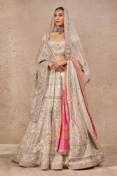 Buy_Tarun Tahiliani_Ivory Chanderi, Tulle, Velvet Mirrors, Sequins, Bloom Art Lehenga Set _Online_at_Aza_Fashions